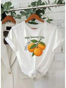 Ropa de invierno ligera de una sola pieza y corte holgado para mujer, camiseta casual de color naranja dulce "Sweet Life", cuello redondo, manga corta, top de moda casual, atuendo elegante para fiestas, ropa navideña, regalo de Navidad, ropa de otoño, material suave, camisa estampada, regalo de San Valentín, atuendo para fiestas de Año Nuevo, atuendo casual para el día a día. - Blanco - Ver 6