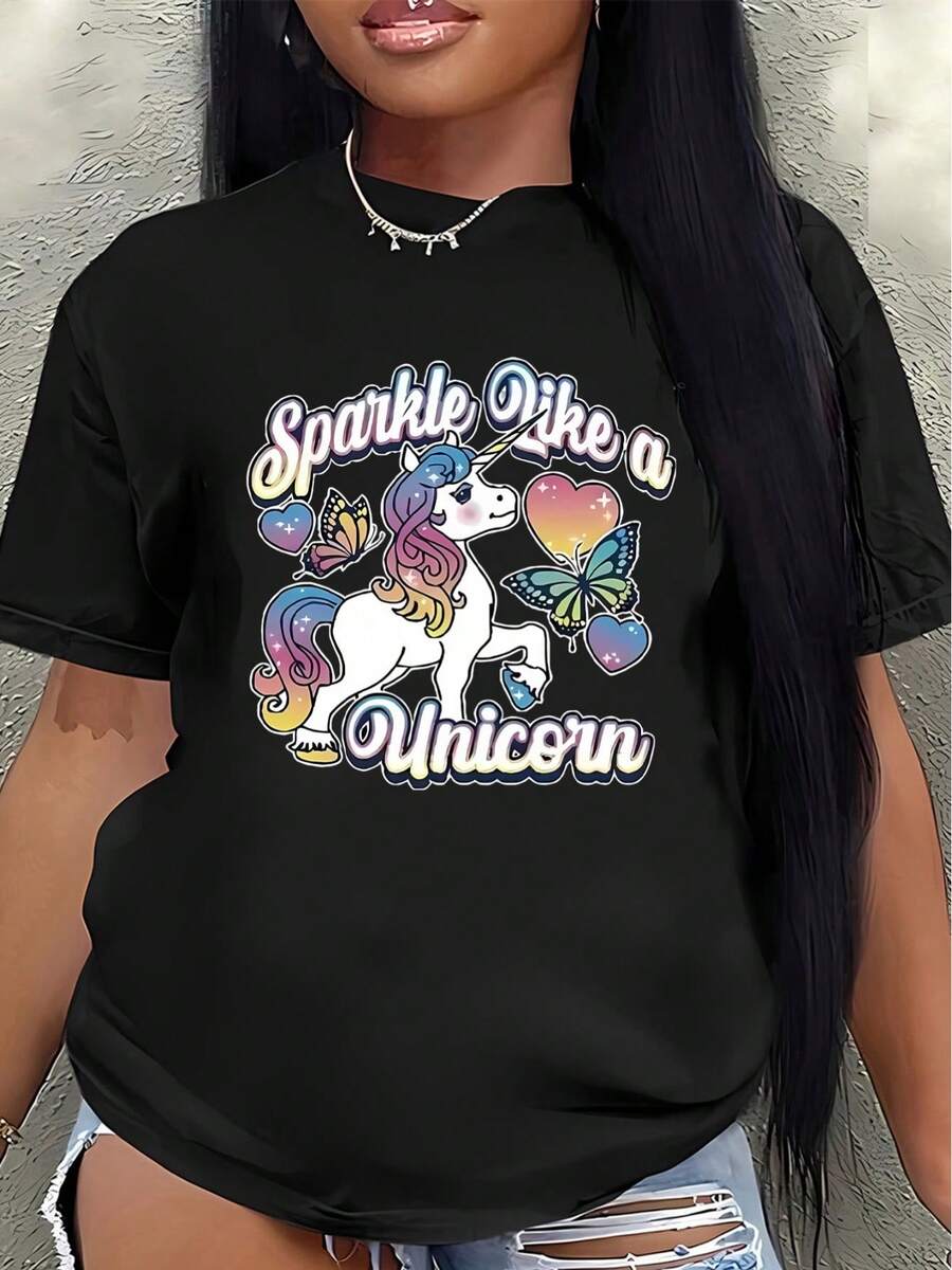 Camiseta de manga corta de poliéster, adornada con un estampado de unicornio brillante, ligera y duradera, adecuada para el hogar, la oficina o para fiestas informales, con un diseño de unicornio colorido, cómoda de llevar.blusas para mujer>ropa - Negro - Ver 1