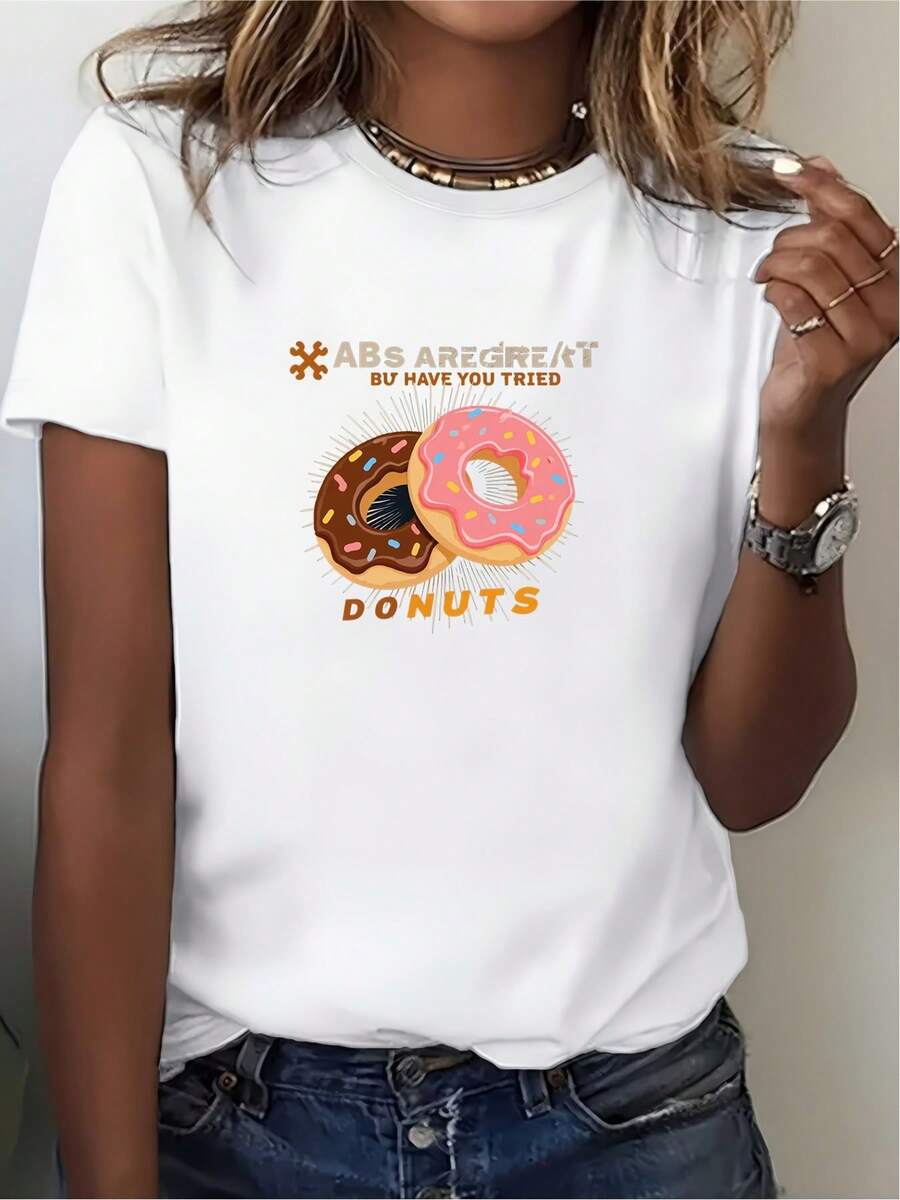 Camiseta de mujer 100% algodón con estampado divertido de donut y eslogan de músculos abdominales, top de manga corta estampado, ropa casual de verano para mujer, top de mujer a la moda, top de estilo casual de verano. Camiseta de mujer de color sólido simple, corte holgado y ajustado, manga corta casual. - Blanco - Ver 1