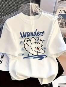 Camiseta de una pieza con diseño de perro Shiba Inu y fuente Wander, estilo Y2K. |   Camiseta blanca de manga corta y cuello redondo, corte en H, ajuste holgado informal, adecuada para uso diario, regalo de cumpleaños, para amantes de los cachorros (apta para todas las estaciones). - Blanco - Ver 1
