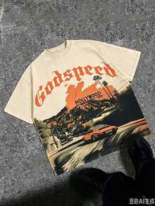 Break The SystemMen's Washed Vintage Crewneck T-Shirt, 100% Cotton 180GSM, Godspeed Highway Car Print, Retro Faded Style, American Streetwear, - 杏色 - 查看 6