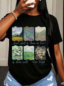 Camiseta de manga corta para mujer con estampado gráfico de arte de Van Gogh, paisaje, flores y citas, estilo casual de verano para uso diario - Estilo vintage urbano, unisex, holgada, de algodón, con cuello redondo y manga corta. - Negro - Ver 6