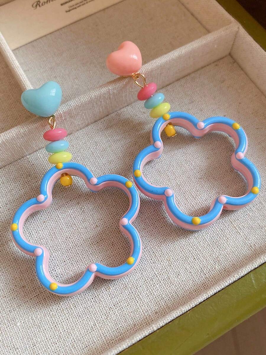 1 paire de boucles d'oreilles pendantes acryliques asymétriques avec motifs à pois, cœur et fleur. Style européen et américain, personnalisé, élégant, convient pour les femmes et les filles. Idéal pour les voyages, les mariages, les fêtes, les anniversaires, les cadeaux de Noël 2026 - Multicolore - Voir 1