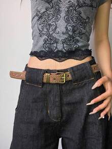 1 pieza Cinturón de mujer estilo retro y occidental con remaches, cinturón casual para jeans - Multicolor - Ver 7