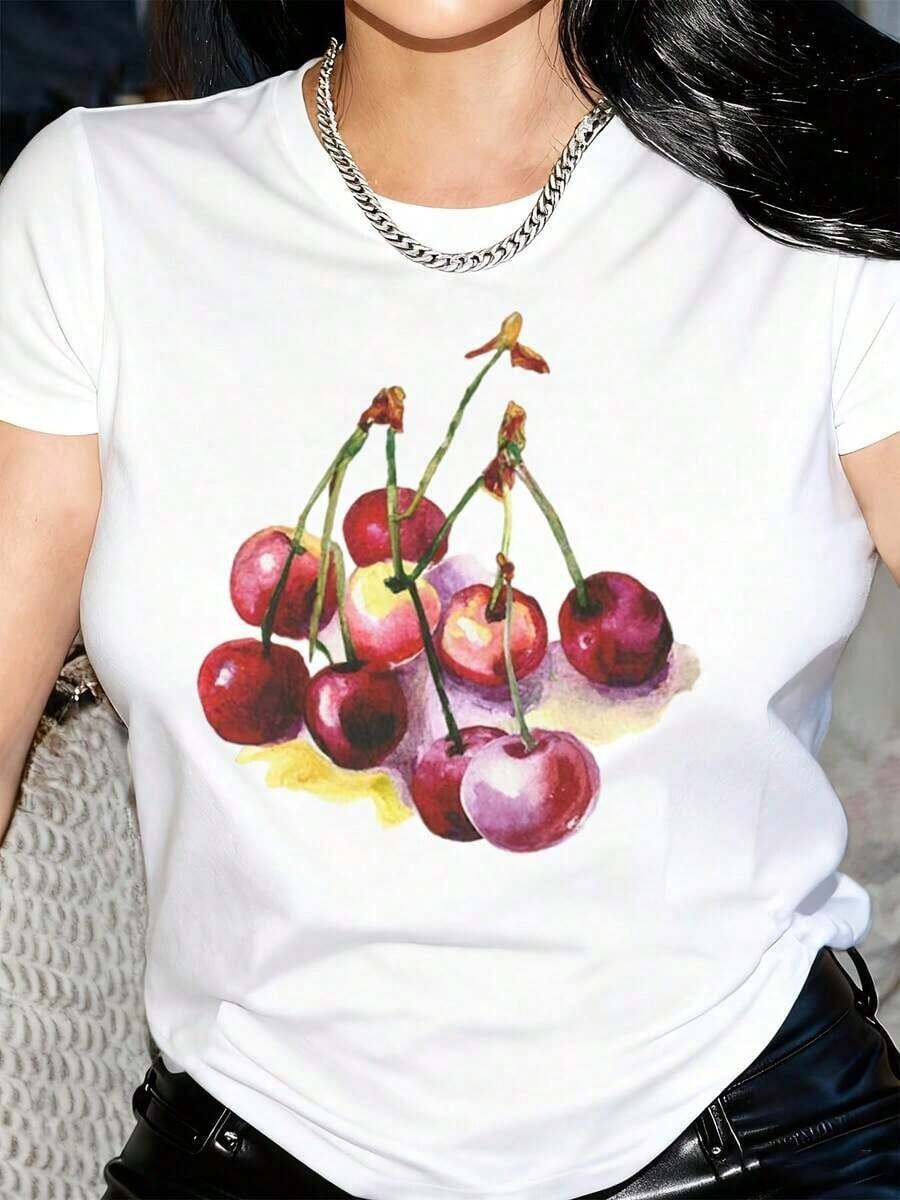 La Cerise Cherries T-Shirt, La Cerise T-Shirt, Flirty Cherry Top, T-Shirt Gift For Cherry Lovers, Cherry Core Farmer T-Shirt, Women's T-Shirts - 白色 - 查看 1