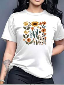 Women's Short Sleeve T-Shirt With Colorful Floral Print (180g) - Perfect For Family Gatherings, Business Outings, And Holiday Gifts | Ideal For Summer Festivals And Casual Wear. - 白色 - 查看 7
