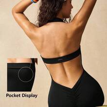 VARSIVA Solid Color Pleated Halter Backless Sleeveless Jumpsuit - Verde Oscuro - Ver 11