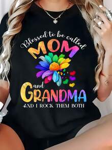 Crew Neck Top. Plus Size Printed T-Shirt For Mothers And Grandmothers, Casual Short-Sleeved Crew Neck Top For Spring And Summer, Plus Size Women's Clothing. Comfortable And Loose-Fitting. - 黑色 - 查看 3