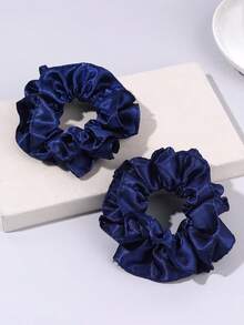 2件裝海軍藍緞面刺繡髮圈，絲滑髮帶，優雅女孩髮飾，適合日常、辦公與休閒穿著 - 藏蓝色 - 查看 1