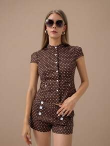 HZXVIC Damen neuer süßer Polka Dot Kurzarm Knopfoberteil + Polka Dot Shorts mit hoher Taille Set, elegant für den Sommer - Braun - Übersicht 2