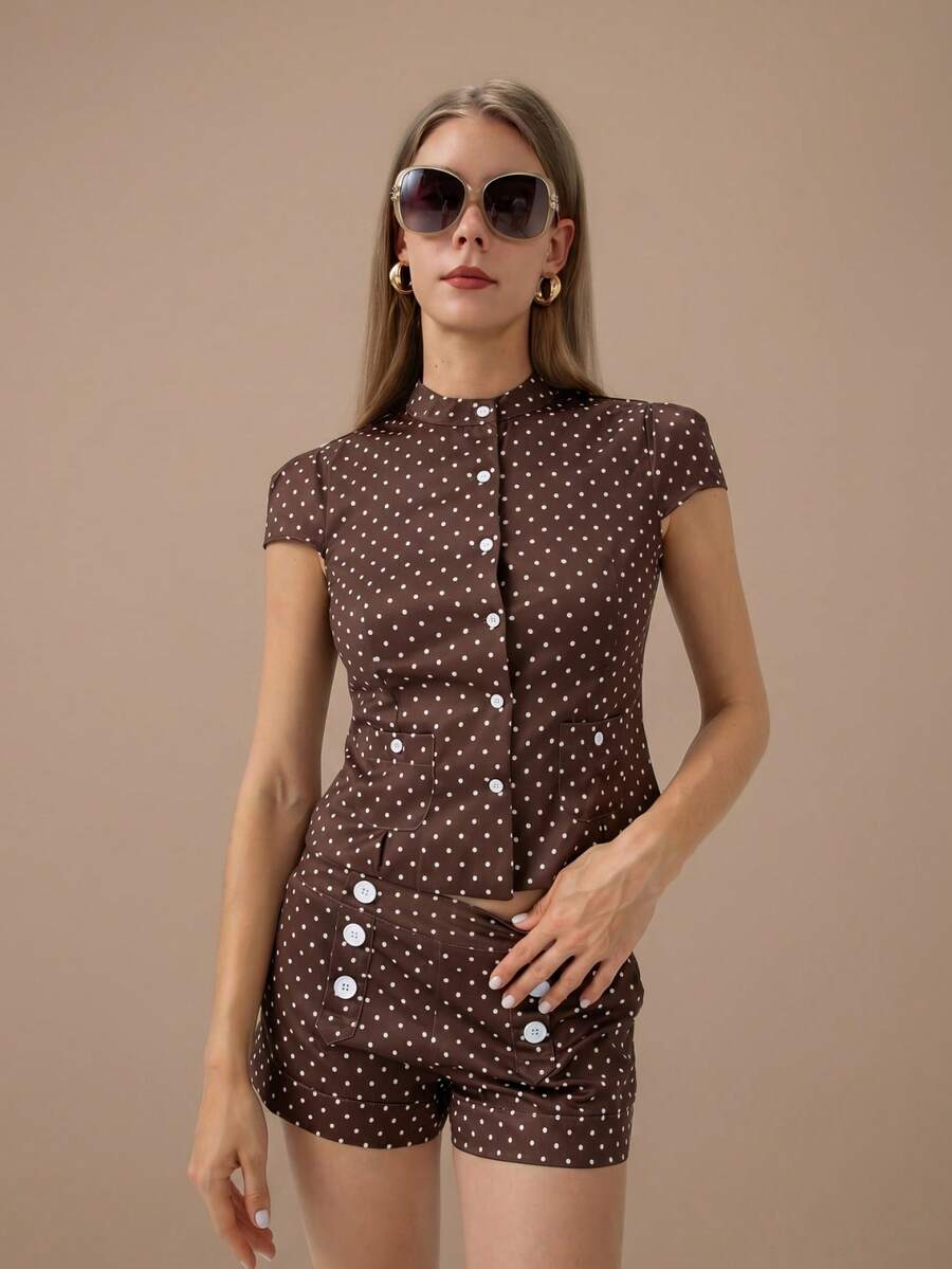 HZXVIC Damen neuer süßer Polka Dot Kurzarm Knopfoberteil + Polka Dot Shorts mit hoher Taille Set, elegant für den Sommer