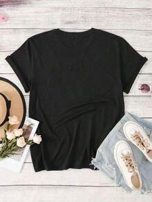 1984 Gold Logo Print T-Shirt With Metallic 3D Gold Badge, Casual Crew Neck Short Sleeve T-Shirt Suitable For Women's Summer And Spring Clothing. Pure-Cotton - 黑色 - 查看 3