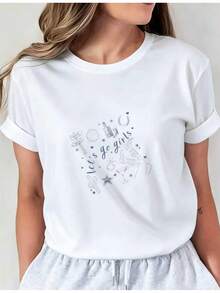 Premium Western-Style Print Design Featuring Wine Bottles, Boots, And Cacti. This Women's Short-Sleeve T-Shirt Is Stylish And Comfortable, With A Unique Casual Print, Making It Perfect For Warm Weather. I01 Casual Crew Neck T-Shirt, Comfortable Women's Clothing, - 白色 - 查看 1