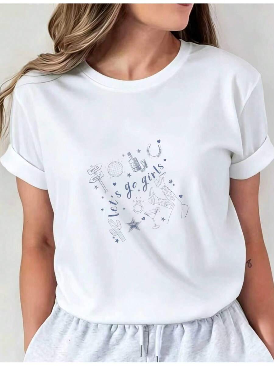Premium Western-Style Print Design Featuring Wine Bottles, Boots, And Cacti. This Women's Short-Sleeve T-Shirt Is Stylish And Comfortable, With A Unique Casual Print, Making It Perfect For Warm Weather. I01 Casual Crew Neck T-Shirt, Comfortable Women's Clothing, - 白色 - 查看 1