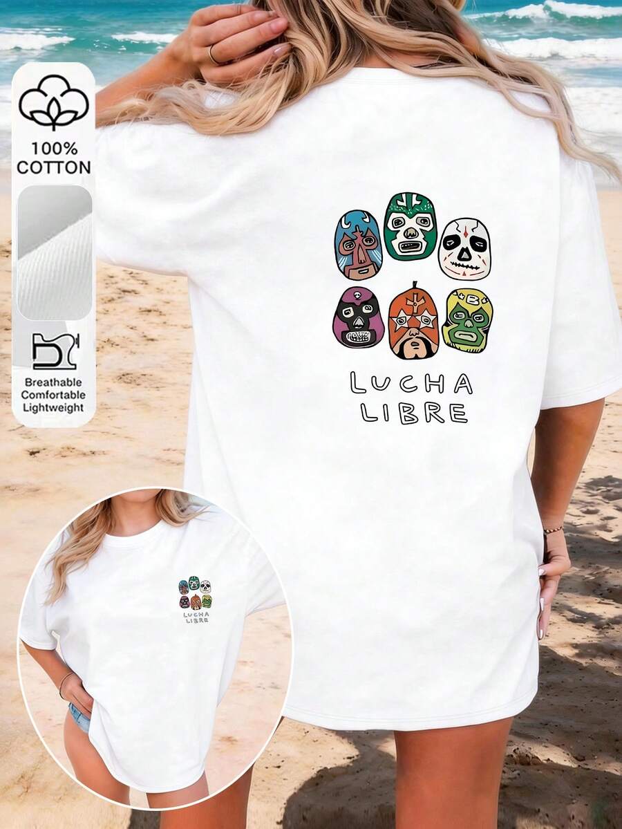 Women's Y2K Style Casual Short-Sleeved Round Neck Summer T-Shirt With A Unique And Fun Wrestler Mask Print Design, Casual And Stylish, 100% Pure, Suitable For Daily And Festive Outings In Spring, Summer, Autumn And Winter, Women's Clothing, 1 Piece Of Clothing - 白色 - 查看 1