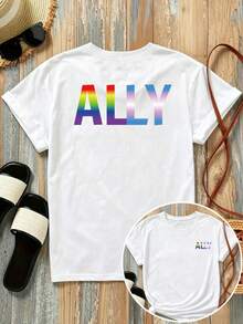 New Short-Sleeved T-Shirt, 180g Weight, % Cotton, With Prints On The Front And Back - ALY Letter Print, Gradient T-Shirt - Fashionable Printed T-Shirt For Women, Short-Sleeved, Suitable For All Seasons, Modern Clothing - Can Be Used As A Base Layer In Spring And Autumn Or Alone In Summer, Unisex. - 白色 - 查看 7