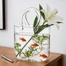 Tomnk Modern Clear Glass Purse Vase, Aesthetic Handbag Shape Flower Vase With Handle, Unique Table Centerpiece For Living Room Home Decor, Wedding Party & Ideal Gift - 無色 - 查看 1