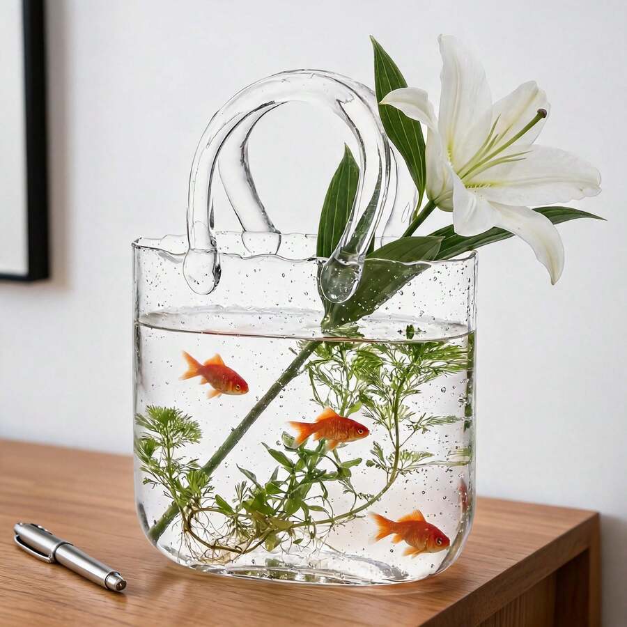 Tomnk Modern Clear Glass Purse Vase, Aesthetic Handbag Shape Flower Vase With Handle, Unique Table Centerpiece For Living Room Home Decor, Wedding Party & Ideal Gift - 無色 - 查看 1