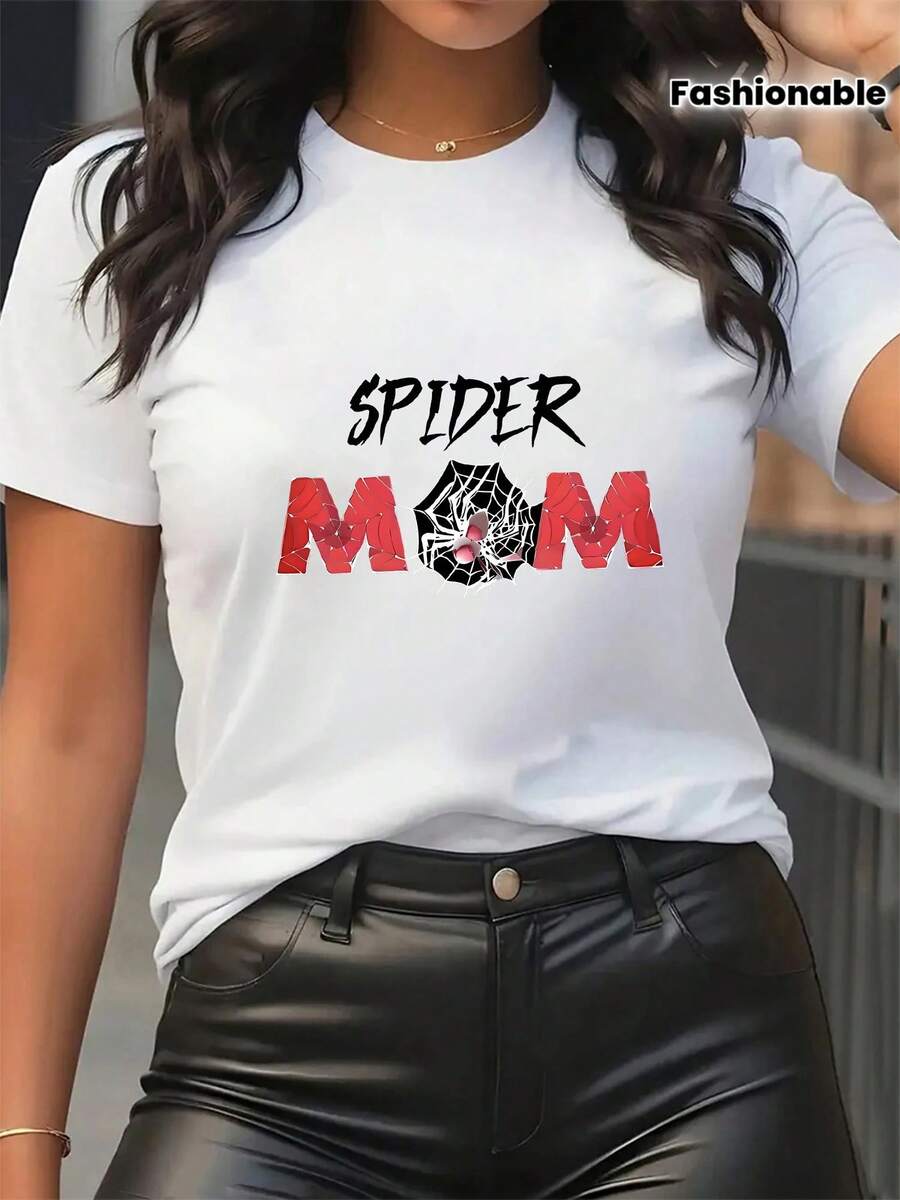 A Stylish And Comfortable Women's T-Shirt With A Round Neck And Spider Design, Perfect For Spring And Summer - 白色 - 查看 1