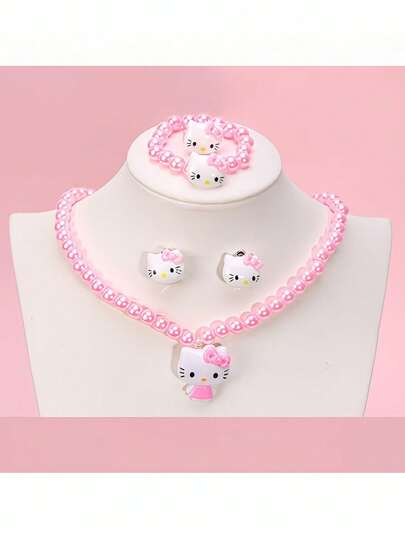 SANRIO 1 Bộ (5 món) Thiết kế trang sức Hellokitty màu hồng, dây chuyền mặt dây thanh lịch, phù hợp cho nữ, dây chuyền ngọc trai giả màu hồng, bông tai, nhẫn, phù hợp cho trang trí sinh nhật và tiệc, bộ phụ kiện tiệc | Humor Additions