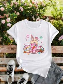 Modern And Minimalist Women's T-Shirt With Rabbit And Ice Cup Print - Pastel Style (Blue, Short Sleeve, Summer Top - Lightweight For Everyday And Easter Outfits, Fashionable Printed T-Shirt, Casual Style, Spring Clothing, Fabric, Fun T-Shirt For Casual Daily Wear) - 白色 - 查看 7
