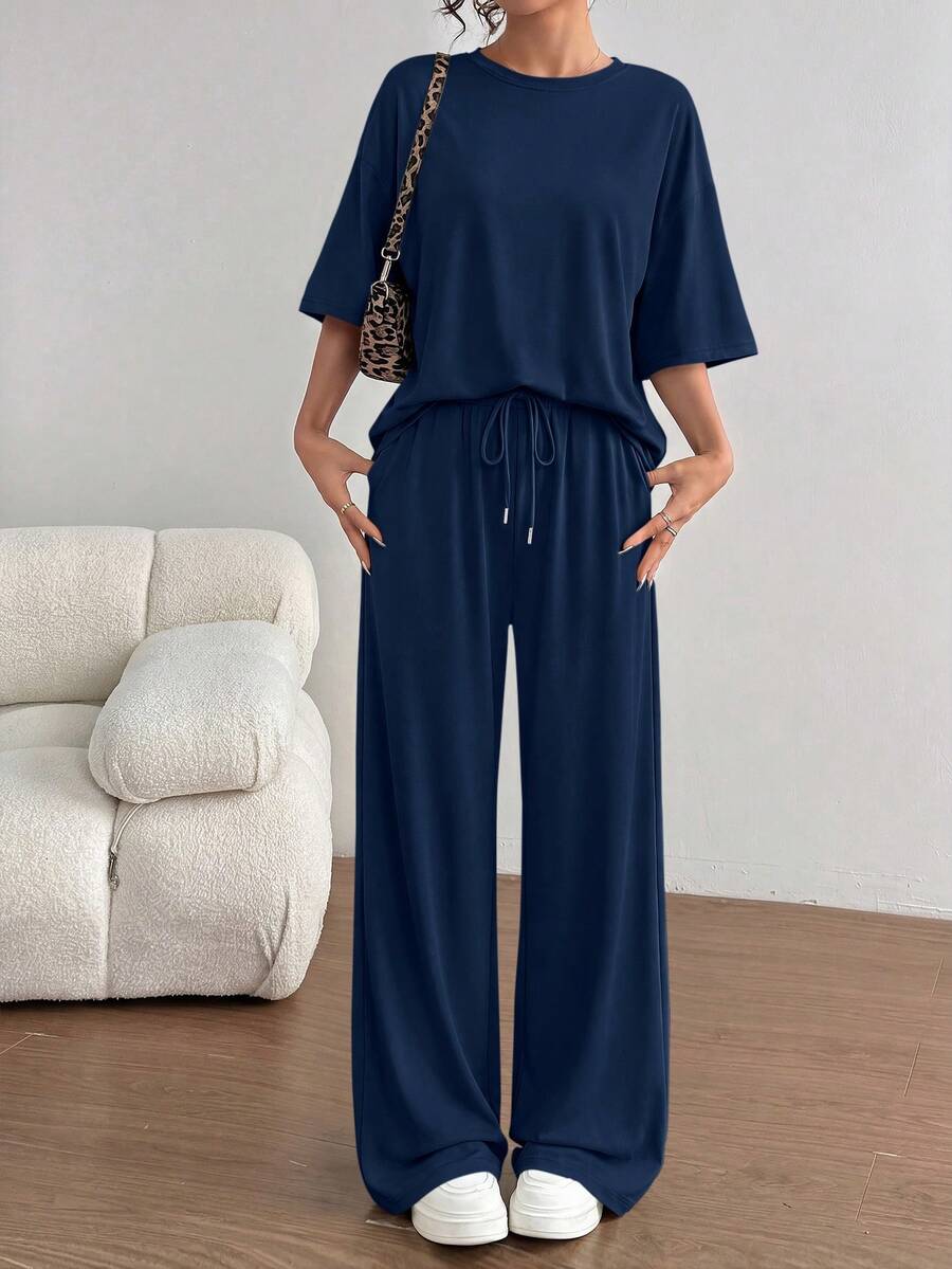 Women's Summer Clothes 2 Piece Sets Lounge For Short Sleeve Matching Airport Travel Outfits Casual Navy Blue Vacation Summer Brunch Outfits For Women Mothers Day Outfit - 藏蓝色 - 查看 1