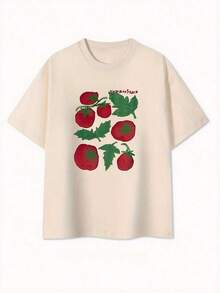 Women's Cotton T-Shirt, Round Neck, Casual. Short-Sleeved Summer T-Shirt For Women With A Tomato Print, Versatile, Loose Fit, Round Neck, Y2K Style. Simple T-Shirt For Everyday Wear. - 杏色 - 查看 3