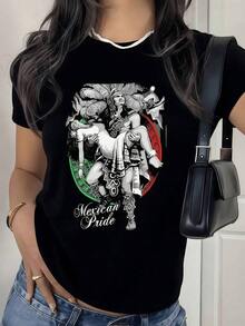 100% Cotton.  Warrior Holding A Maiden In Front Of The Mexica Calendar Symbol Represents Mexican Strength And Ancestral Pride Mixed With Passion And Respect. Women's 100% Cotton T-Shirt. Women's Simple Solid Color T-Shirt, Loose And Slim Fit Casual Short Sleeve - 黑色 - 查看 11
