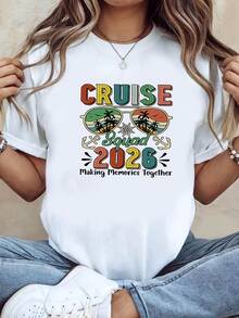 Plus Size, Plus Size T-Shirt, Vintage Style For Cruises And Vacations With "CRUISE Squad 2026 Making Memories Together" Text Print, White Short Sleeve Crew Neck T-Shirt With Print - Machine Washable, Casual Style, Comfortable Fit, Modern Design. - 白色 - 查看 8