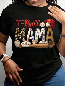 Women's Blouses TBall Mama Women's Baseball T-Shirt, Stars And Leopard Stripes Design, Baseball Graphic Print, Bat And Balls, Casual Top 100% Cotton. - 黑色 - 查看 3
