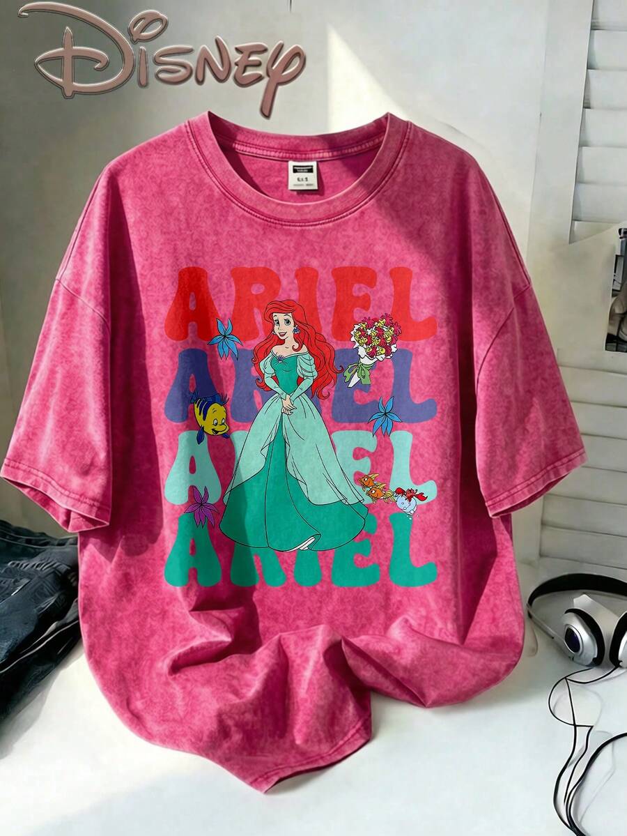 Disney Oversize Round Neck Washed T-Shirt With Disney Ariel Print, Disneyland, Disney Animal Kingdom, Disney Family Vacation Trip, Summer Outfits For Women, Vacation Outfits Women, Dresses,, Dresses For Women, Summer Clothes, Summer Tops, Capris For Women, Rompers For Women, Jeans For Women, Jorts, Graphic Tees Women, Tank Tops Women, Dresses For Women Summer, Summer Tops, Summer Clothes, Summer, Swimsuits For Woman, Bathing Suits For Women, Bikinis, White Tank Top, Women Sweatshirts & Hoodies, Cord Sets For Women, Trajes Elegantes De Mujer, Conjuntos De Dos Piezas Para Mujer, Skirt Two Piece Set, Conjuntos De Mujer, Blusas, Trajes De Mujer Casual, Free Shipping, Co Ords Sets Women, Faldas - Rose Red - View 1