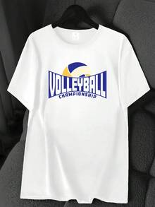 Volleyball Print T-Shirt. Available In 6 Colors, Short Sleeves, Round Neck, High-Stretch Casual Sports Top. Machine Washable. Suitable For Spring And Summer. Can Be Worn In All Seasons. Women's Clothing. Elegant Party Outfit, T-Shirt For Elegant Ladies, Blouses Suitable For Curvy Women, Casual Wear, Cool And Sweat-Free Summer Wear, Fun Letter Print. - 白色 - 查看 1
