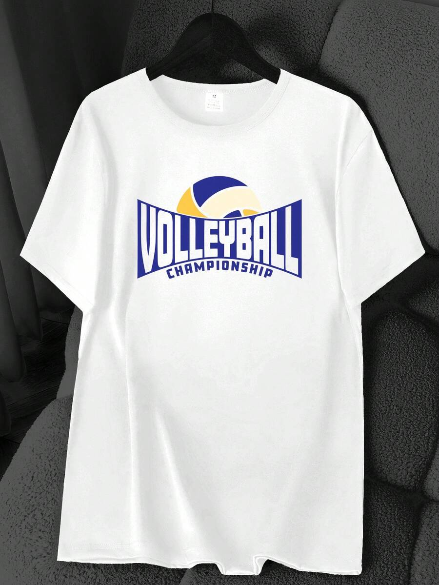 Volleyball Print T-Shirt. Available In 6 Colors, Short Sleeves, Round Neck, High-Stretch Casual Sports Top. Machine Washable. Suitable For Spring And Summer. Can Be Worn In All Seasons. Women's Clothing. Elegant Party Outfit, T-Shirt For Elegant Ladies, Blouses Suitable For Curvy Women, Casual Wear, Cool And Sweat-Free Summer Wear, Fun Letter Print. - 白色 - 查看 1