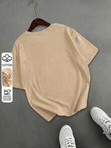 Maglietta casual da donna taglie forti con stampa leopardata e occhiali alla moda, scollo rotondo, maniche corte, per vacanze primavera/estate - Albicocca - Visualizzare 5
