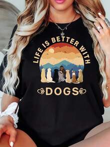 Camiseta de manga corta para mujer con estampado de perros, "La vida es mejor gracias a los perros", camiseta casual negra de cuello redondo, elástica, lavable a máquina, adecuada para primavera/verano/otoño. - Negro - Ver 6