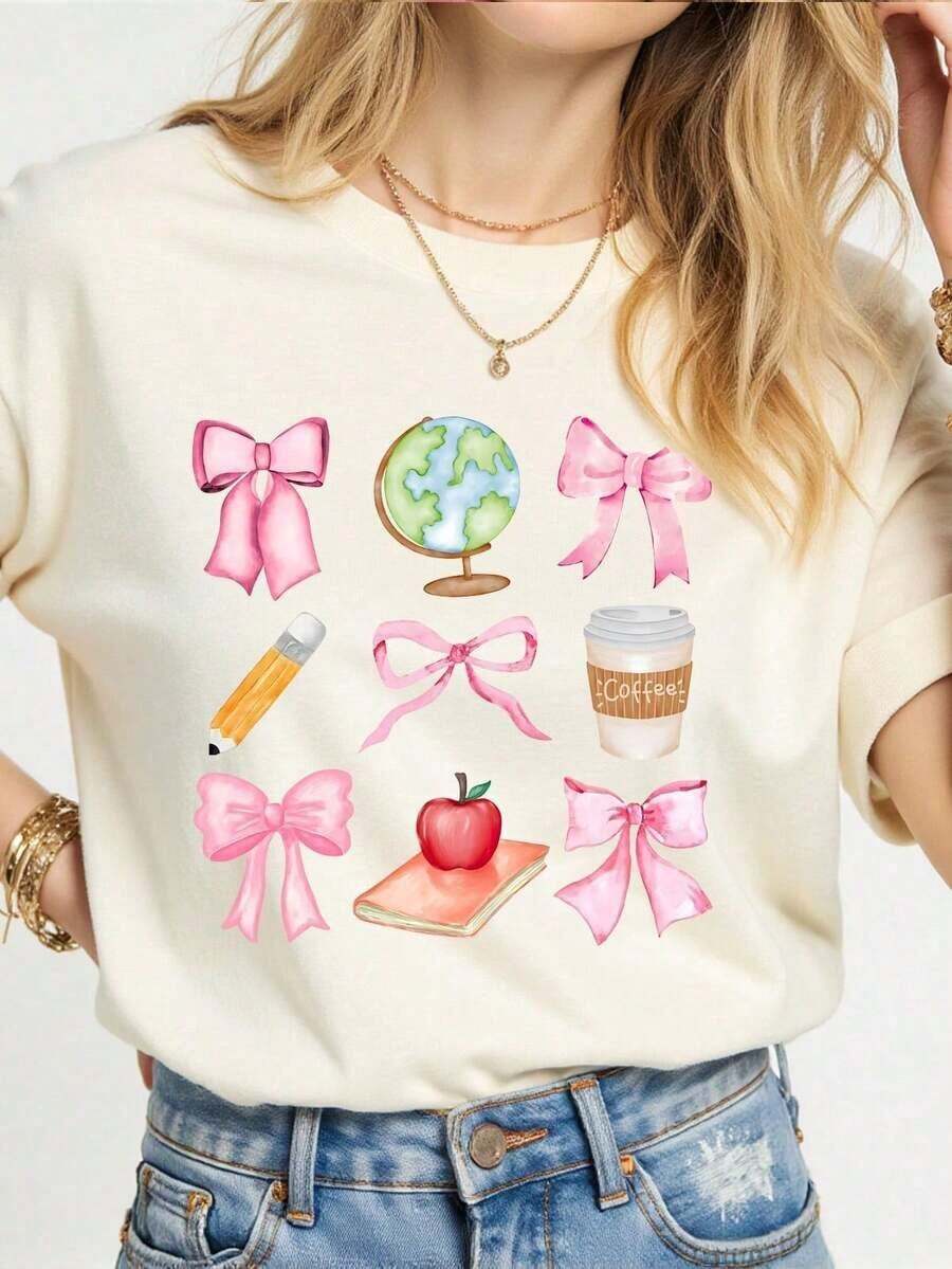 Mexican Basic Playera para mujer estilo académico escolar estampado artesanal moños rosas, globo, café y manzana algodón color marfil corte holgado cuello redondo manga corta primavera verano para maestras día especial New Launch - Albaricoque - Ver 1