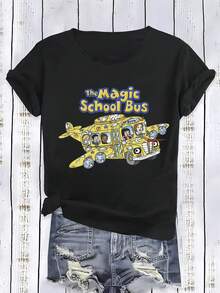 "The Magic School Bus" Print T-Shirt - Bright And Fun Design Featuring The Classic Yellow Bus, Made From Soft Fabric, Perfect For Everyday Wear. - Great For Daily Wear And Outdoor Entertainment. Style, Outdoor Activities, Street Style, Fashionable Fashion, Attractive Weather, Summer Wear, Casual Wear, Party Set, Perfect For Holidays & Playtime, Great For Party & Family Holidays, Perfect For Daily Wear, Clothing Set & Gift - 黑色 - 查看 7