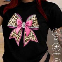 Camiseta de cuello redondo y manga corta para mujer con gran lazo de leopardo, cinta R y borde tipo pedrería plateada - negro - Ver 4