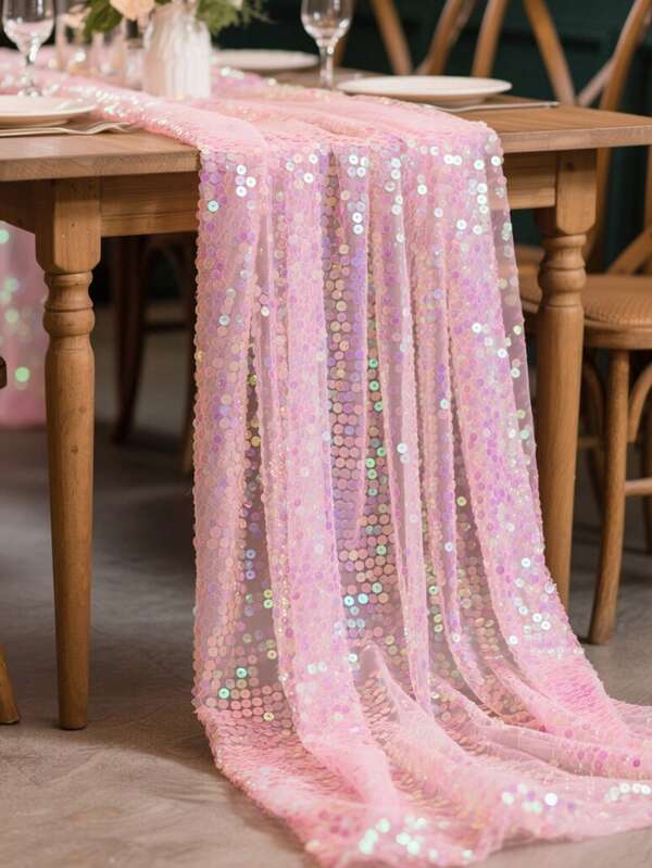 1pc Sparkling Iridescent Pink Sequin Table Runner, Reflective Glossy Texture, Premium Quality, Multiple Sizes Available, Suitable For Various Needs, Adds Highlight To Dining Table Decor, Perfect For Girls' Afternoon Tea And Other Occasions