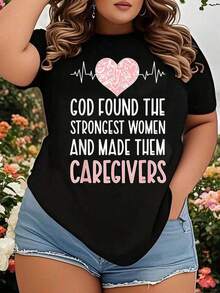 God Found The Strongest Women And Made Them Caregivers - Heartbeat Design T-Shirt For Nurses And Healthcare Workers, Plus Size, Comfortable Casual Wear For Women. - 黑色 - 查看 7