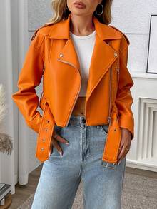 Women's Solid Color Minimalist Casual Zip-Up Short Jacket - Orange - View 3