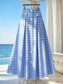 Falda A-Line casual de mujer con botones frontales a rayas - Blanco - Ver 5