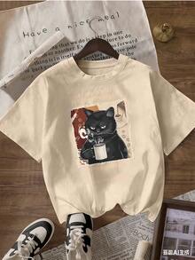 Black Cat T-Shirt With "Before Coffee / After Coffee" Text, Fashionable Short-Sleeve T-Shirt For Spring/Summer 2026, Made In Mexico, 180 Grams. Cartoon Print, Couple Design, Suitable For Indoor Or Outdoor Wear. Crew Neck, Unisex, Ideal For The Office And Leisure. One-Pack. - APR-P631577SLNDXZGY625 - 查看 4