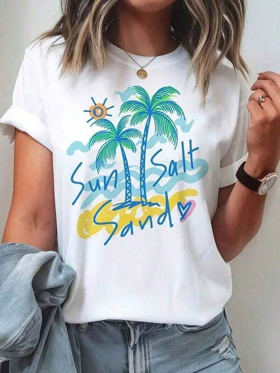 Women's Graphic T-Shirt With Tropical Palm Tree And Sun Print - Soft And Breathable, Short Sleeve, Round Neck, Summer Beach Top With Turquoise And Coral Print, Casual And Stylish For Everyday Wear And Parties, Comfortable Fit White T-Shirt For All Seasons For Women - 白色 - 查看 1