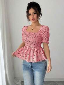 Blusa elegante de mujer con estampado floral diminuto y ajuste ceñido - Rosado Sandía - Ver 5