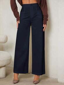 Tall Pantalones rectos de cintura alta en color liso - Azul marino - Ver 5