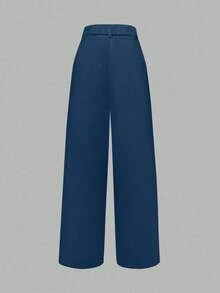 Pantalones acampanados de cintura alta con bolsillos de unicolor, de ajuste holgado, para mujer, para primavera y otoño - Azul - Ver 3