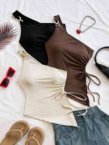 Conjunto de 3 piezas de camisolas de tirantes finos, ajustadas, con abertura, cordón y fruncido, para mujer, para vacaciones de verano, en color albaricoque, marrón y negro, adecuado para fiesta, cita, San Valentín, Pascua, carnaval, té de la tarde - Multicolor - Ver 7