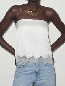 Contrast Lace Strapless Crop Top For Night Out - White - View 4