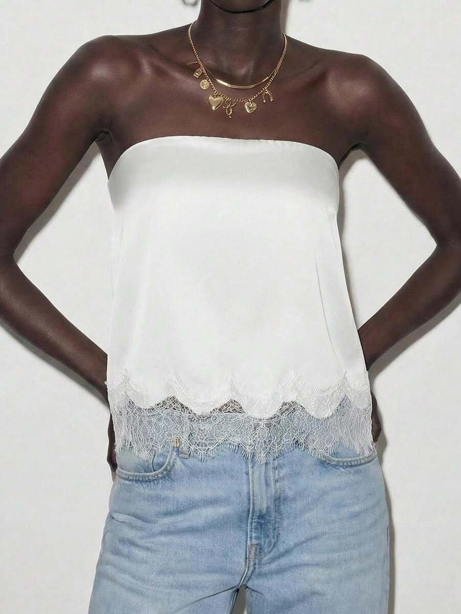 Áo croptop cúp ngực phối ren tương phản, thích hợp cho buổi tối đi chơi. - trắng - Xem 1